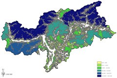 Le aree intatte del Südtirol/Alto Adige: zone di grandi dimensioni lungo la catena alpina principale, aree di medie dimensioni alle medie quote e piccole aree soprattutto nei fondovalle.