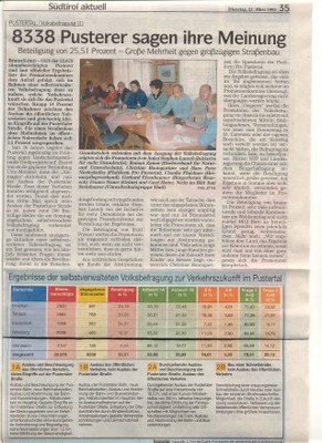 Artikel in Tageszeitung "Dolomiten" zum Ergebnis der Volksbefragung